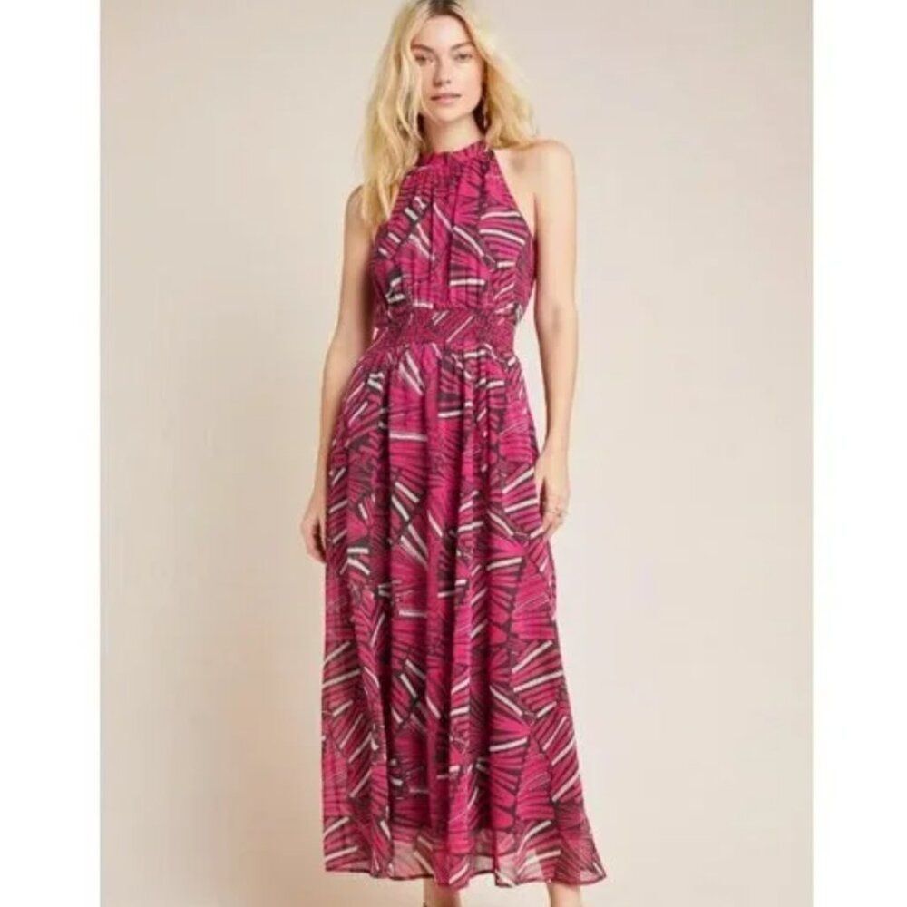 Anthropologie Maeve Kelli Halter Maxi in Pink Combo Sleeveless Dress XS